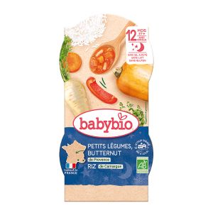 BABY BIO Био Меню „Лека Нощ“ - Зеленчуци с Ориз (12+ месеца) - 2x200гр. купички 
