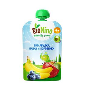 BioNino  БИО плодова закуска с ябълка, банан и боровинки 4 м+ ПАУЧ 90гр.