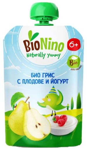 BioNino  БИО  плодова закуска с царевич.грис, плодове и йогурт, 6 м+,ПАУЧ 90гр.